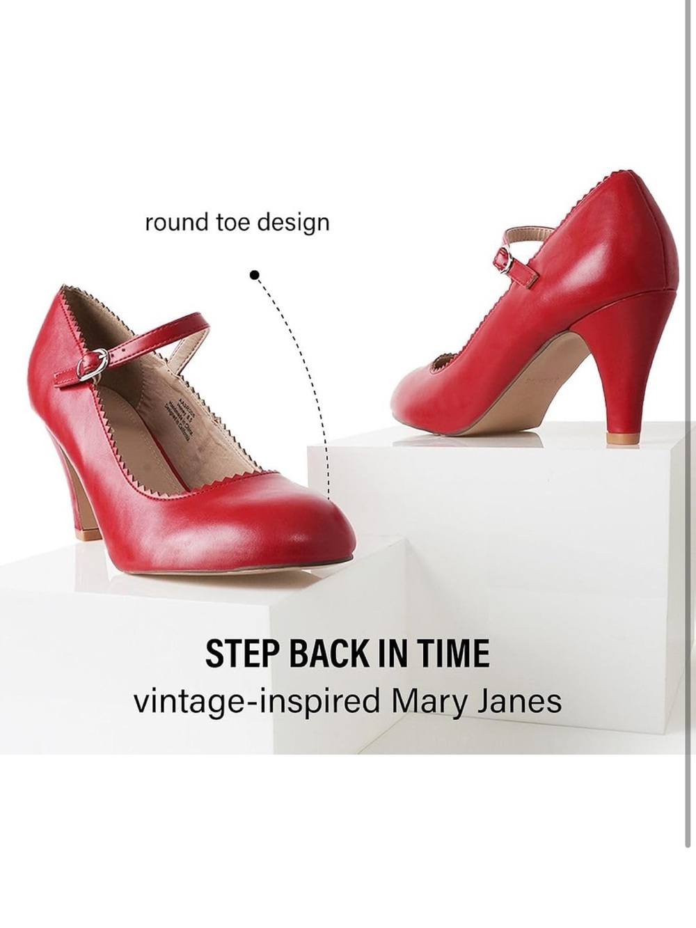 Kitten Heels, Vintage Retro Scallop Round Toe Shoe With An Adjustable Strap 1645 - Picture 7 of 8
